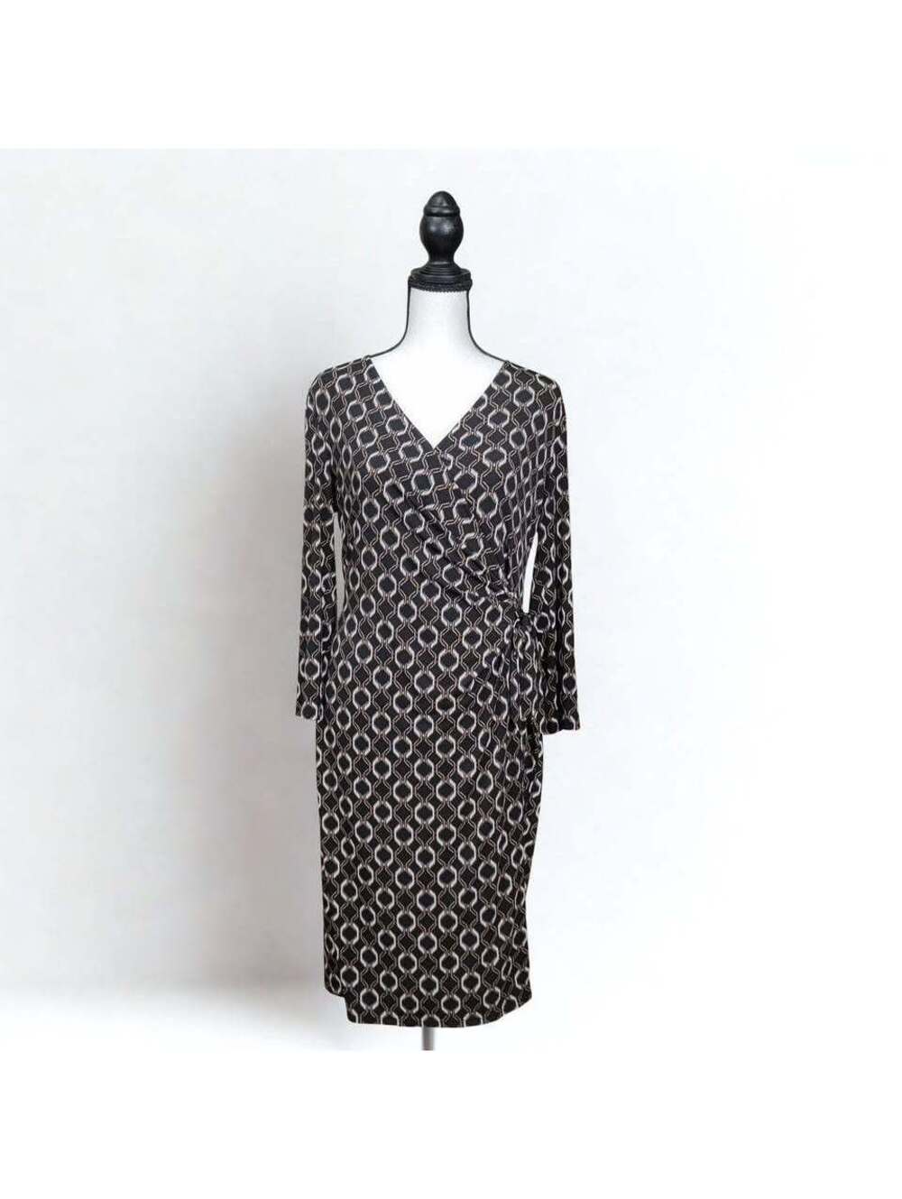 Black Label Evan Picone Size 8 Faux Wrap Midi Dress Geometric Career Office